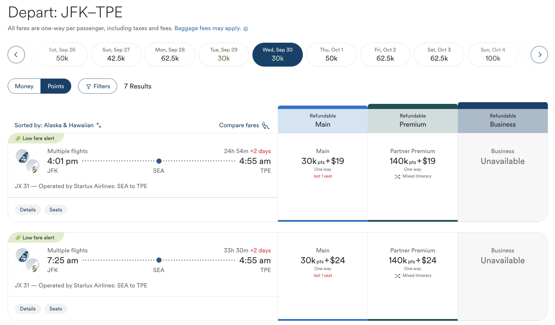 Screenshot of Alaska Airlines partner award to TPE.