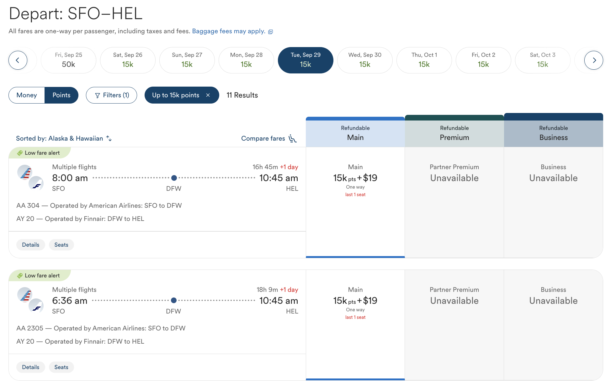 Screenshot of Alaska Airlines partner award to HEL.