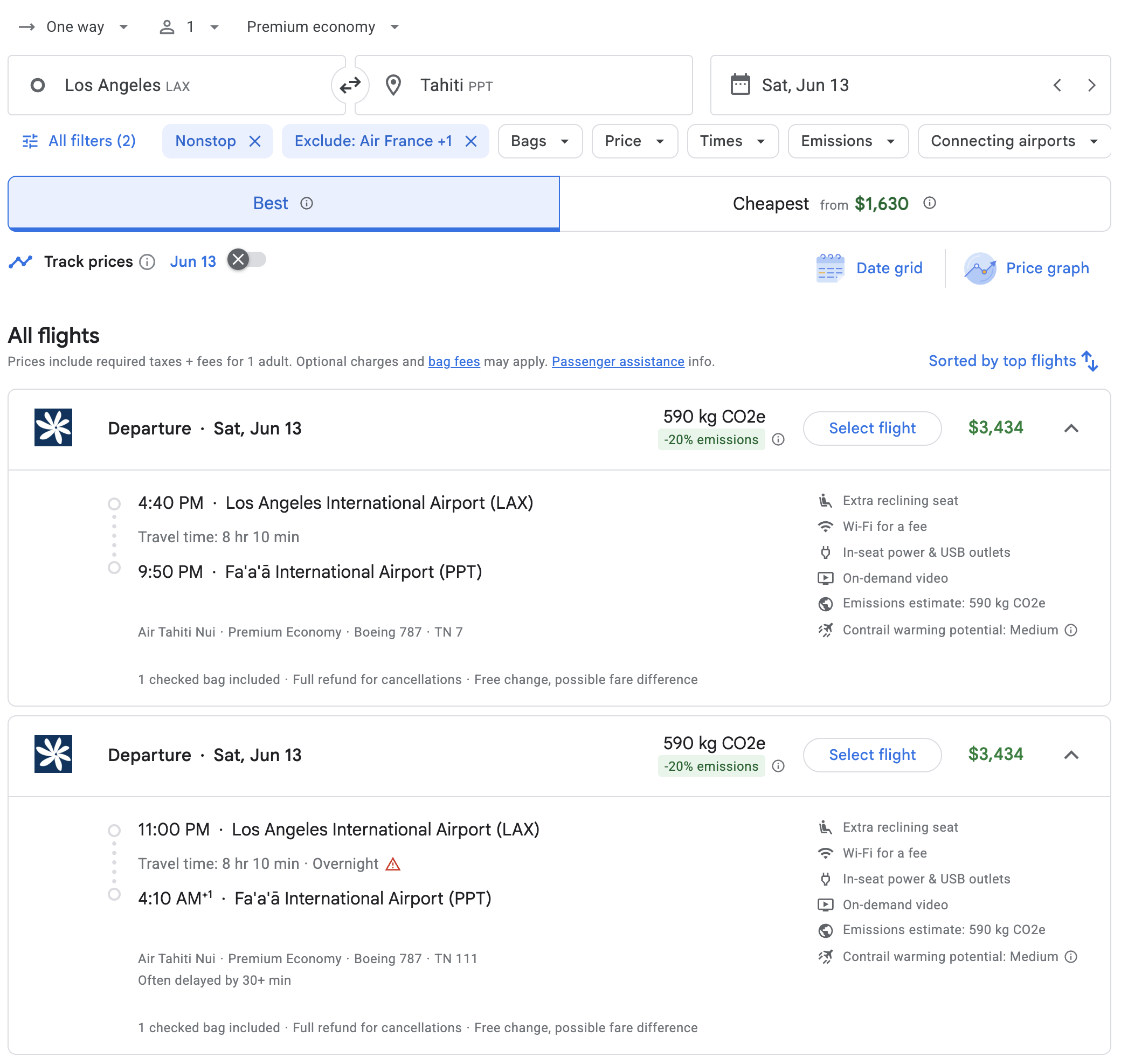 Screenshot of Google Flights Air Tahiti Nui flight.
