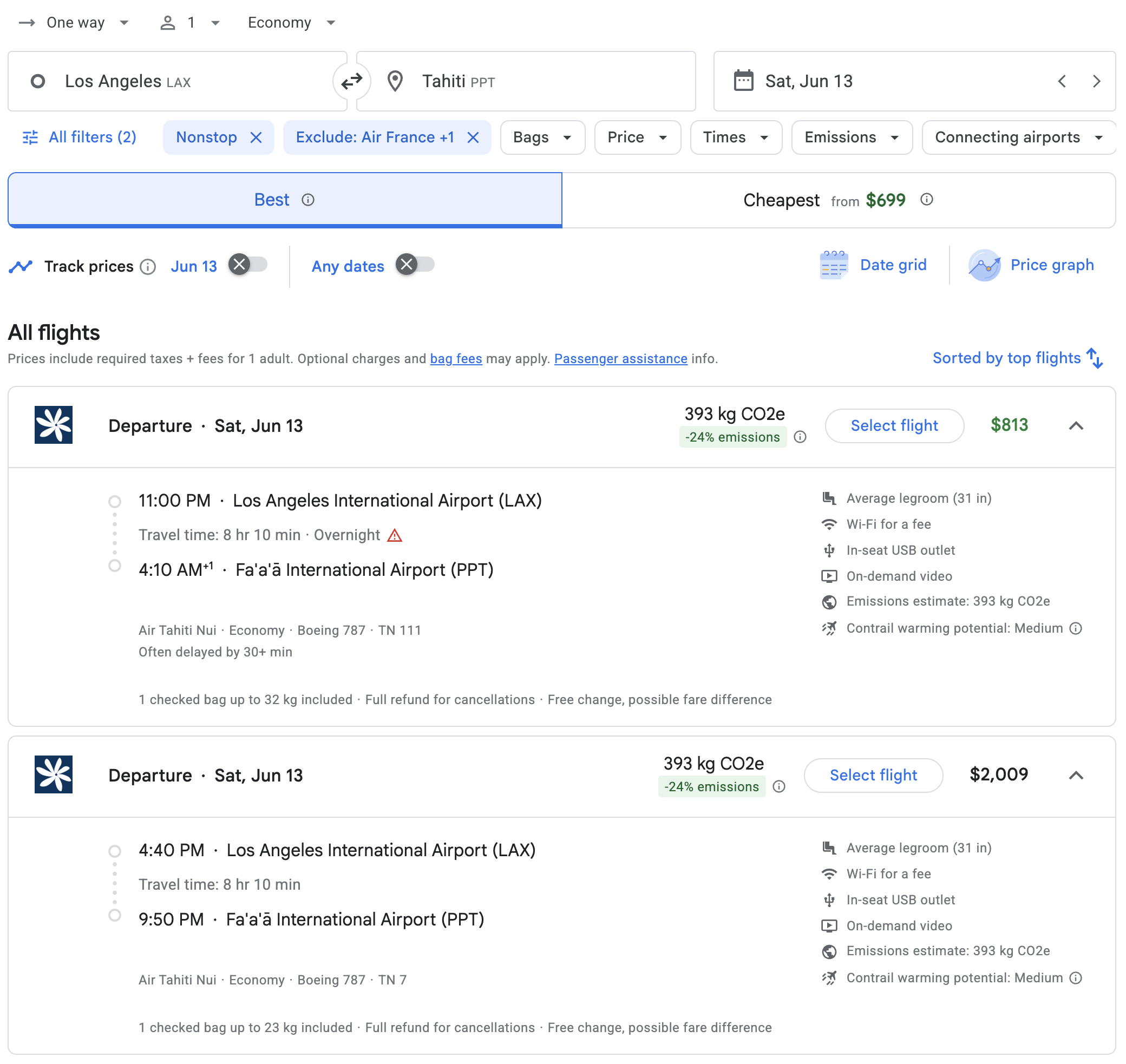 Screenshot of Google Flights Air Tahiti Nui flight.