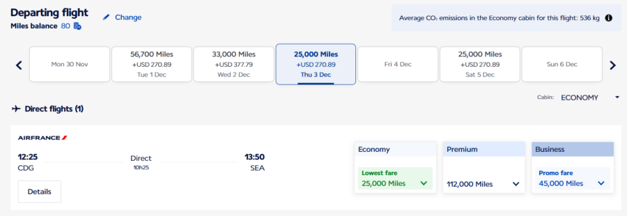 Flying Blue award search result from Paris to Seattle