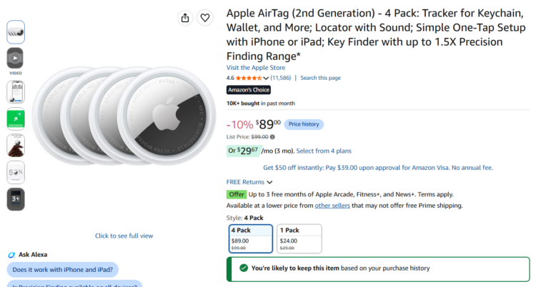 Amazon page for Apple AirTags discounted during Amazon Prime Big Deal Days