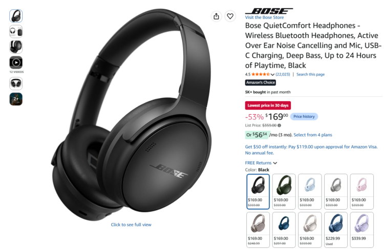 Amazon page for Bose QuietComfort Bluetooth Headphones discounted for Amazon Prime Big Deal Days
