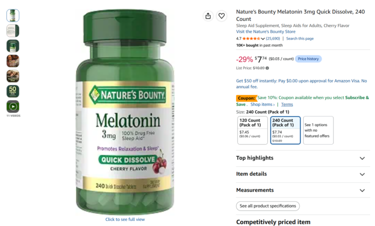 Natures Bounty melatonin discounted for Amazon Prime Day