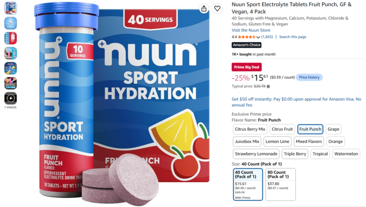 Amazon page for a four-pack of Nuun tablets discounted for Amazon Prime Big Deal Days