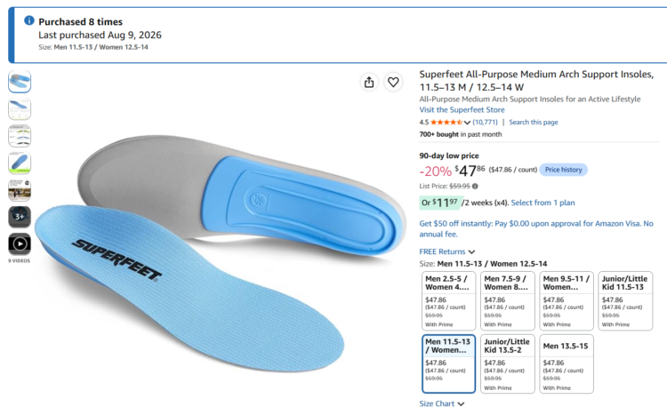 Amazon page with Superfeet insoles on sale for Amazon Prime Big Deal Days