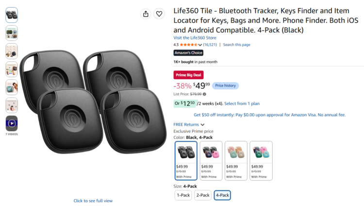 Amazon page for a four-pack of Tile trackers discounted for Amazon Prime Big Deal Days