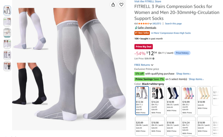 Amazon page for a three-pack of compression socks for Amazon Prime Big Deal Days