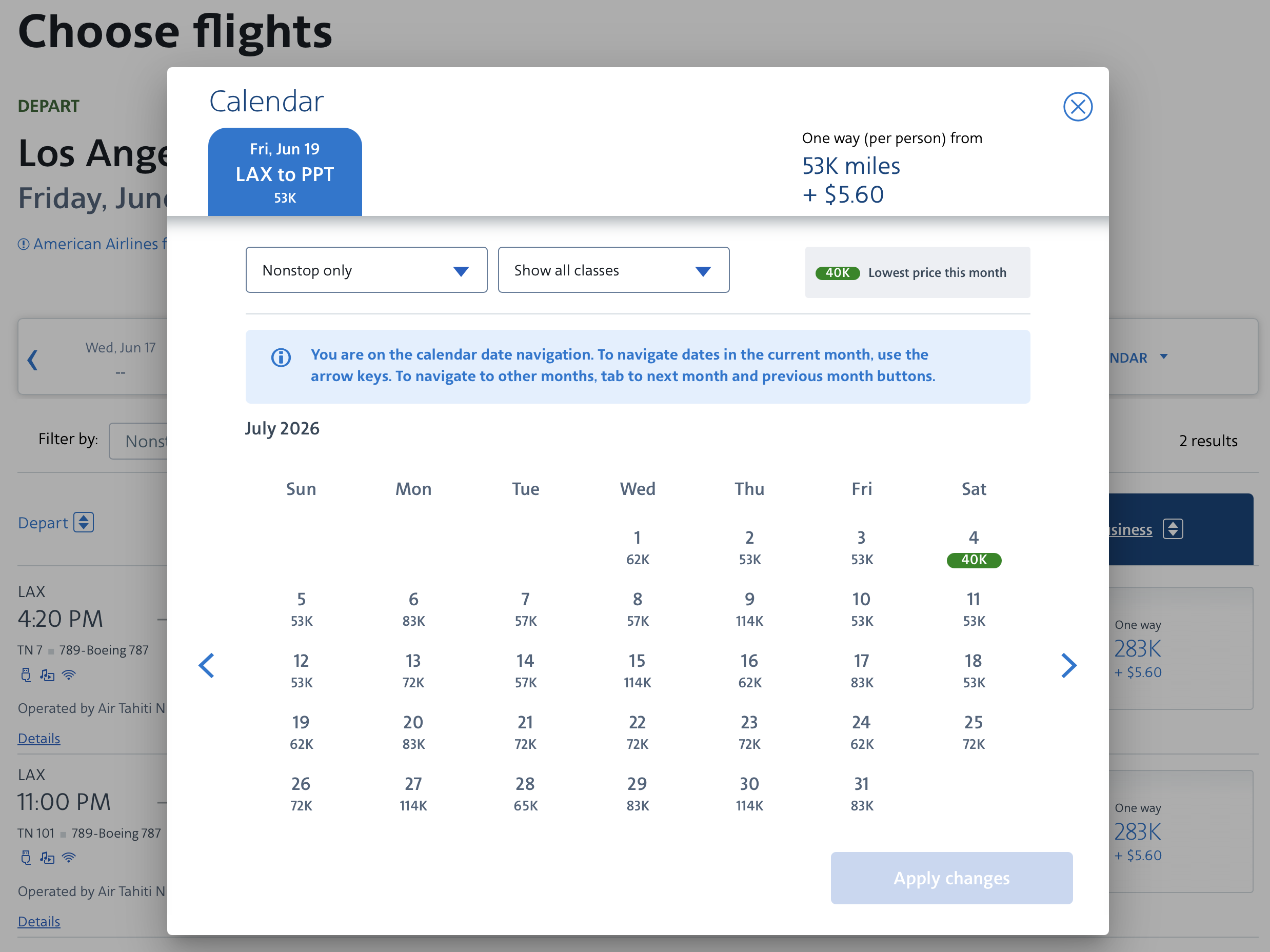 Screenshot of American Airlines awards on Air Tahiti Nui