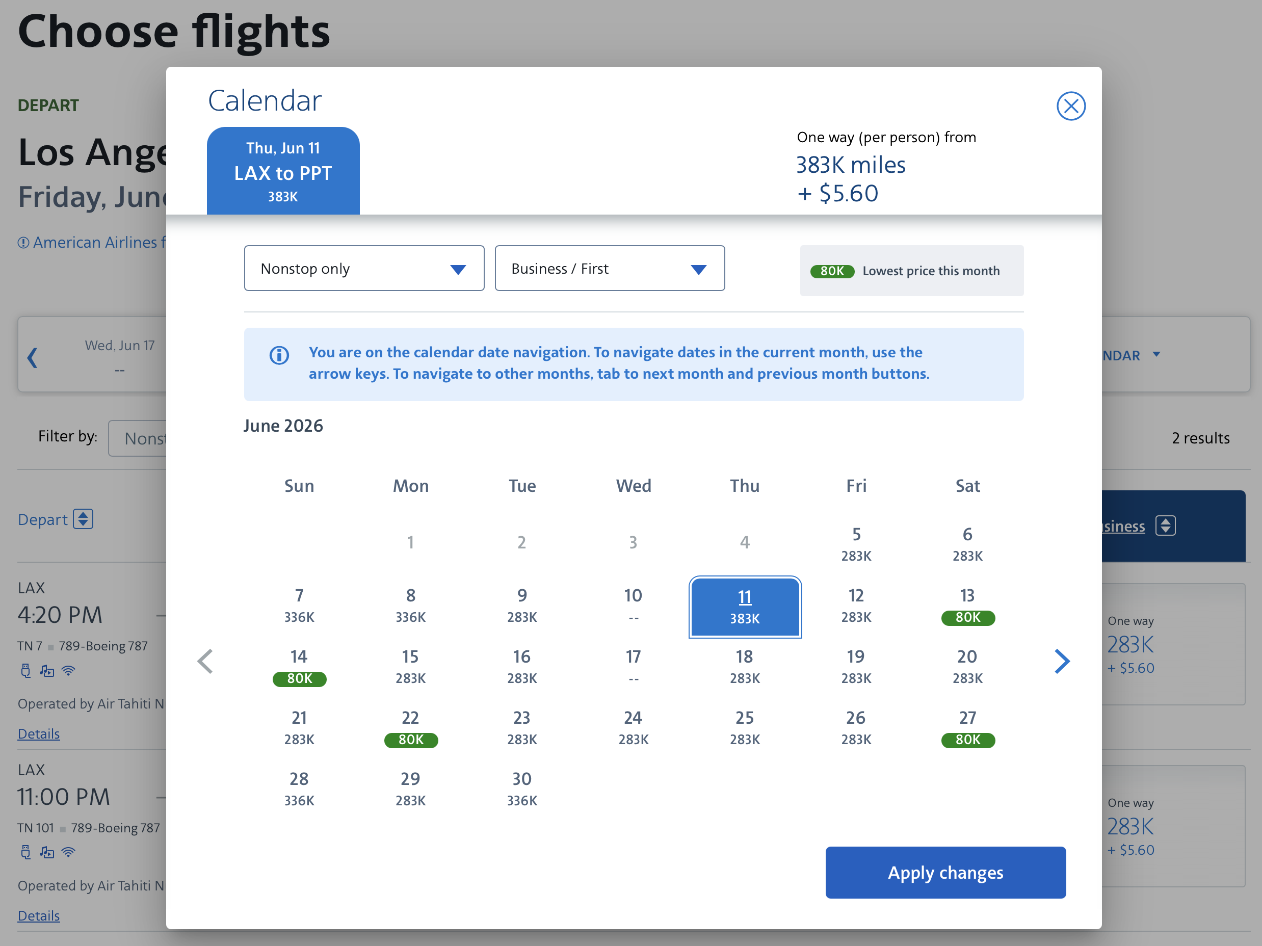 Screenshot of American Airlines awards on Air Tahiti Nui