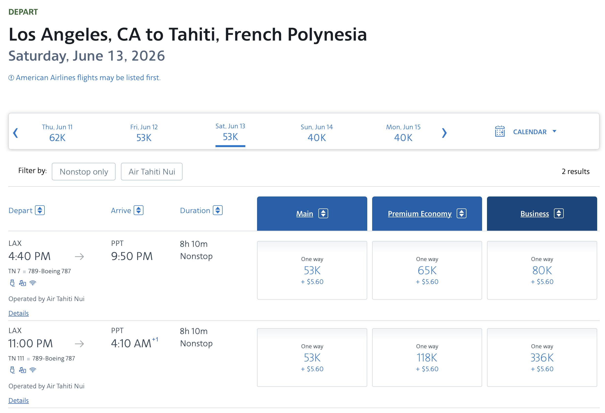Screenshot of American Airlines awards on Air Tahiti Nui