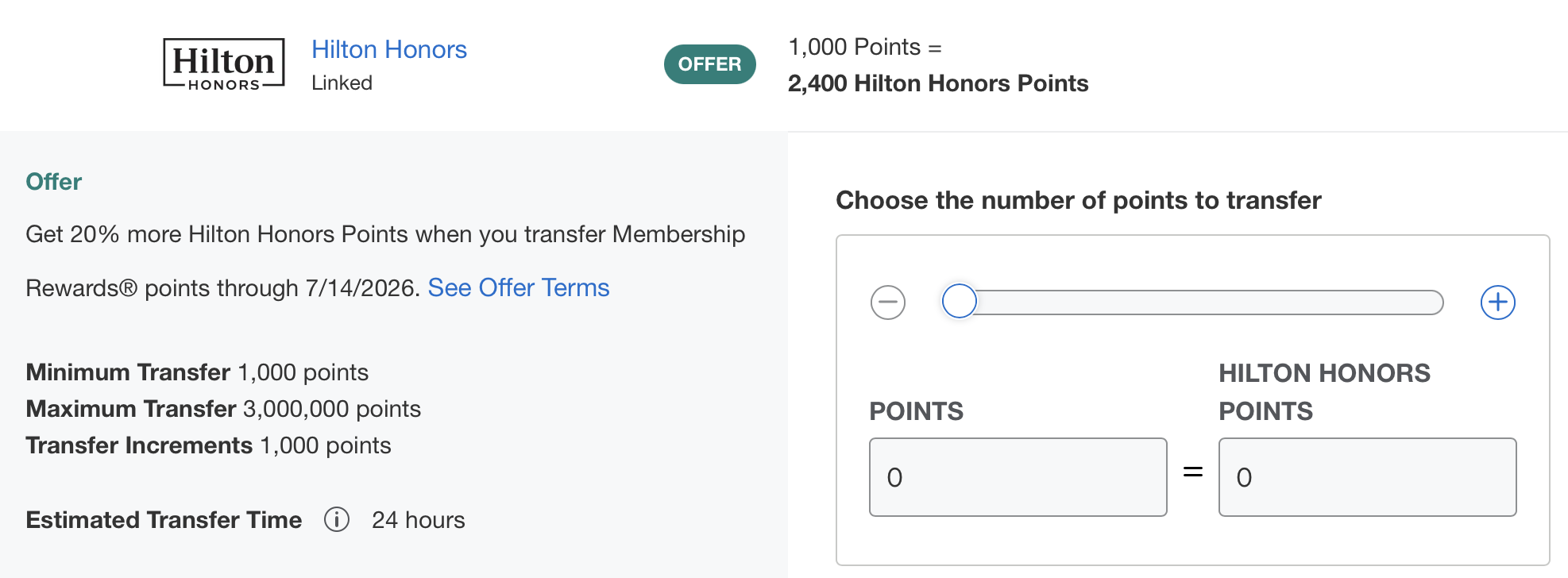 Screenshot of American Express / Hilton transfer bonus.