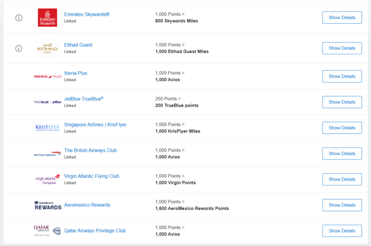 Screenshot of American Express Membership Rewards airline transfer partners showing Qantas missing