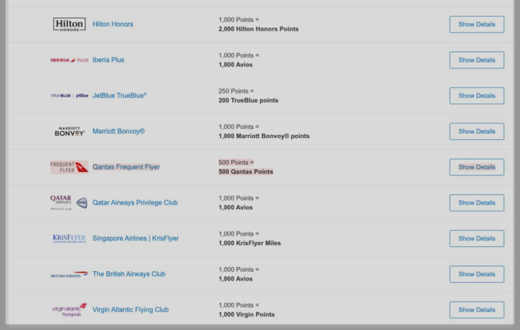 Screenshot of Amex Membership Rewards transfer partners showing Qantas line in red, indicating a removal