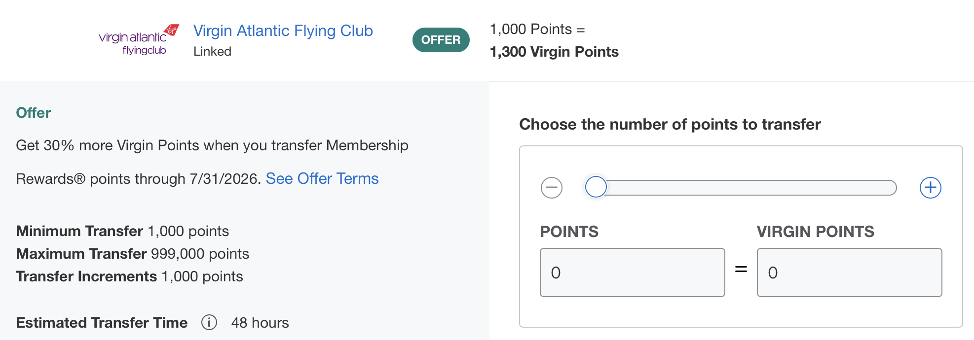 Screenshot of American Express / Virgin transfer bonus.