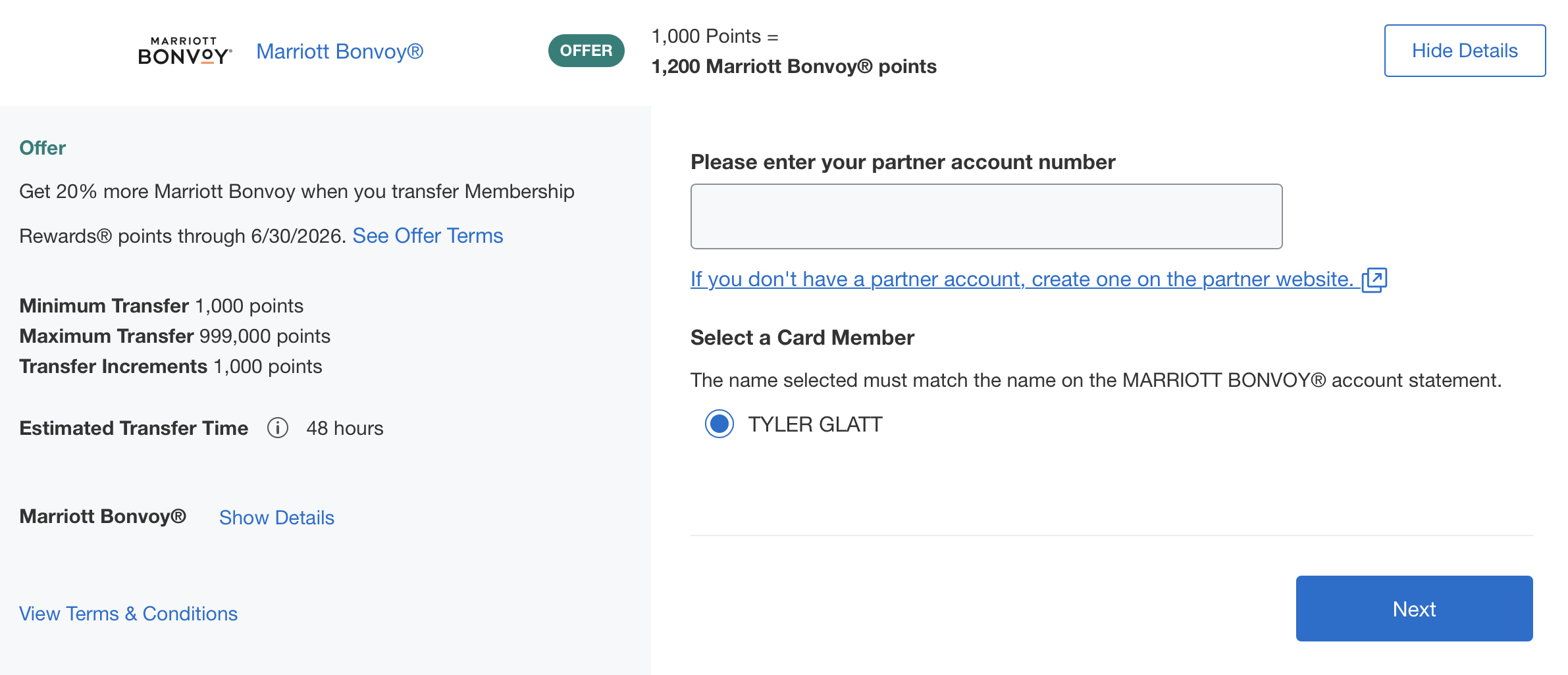 Screenshot of American Express 20% transfer bonus to Marriott.