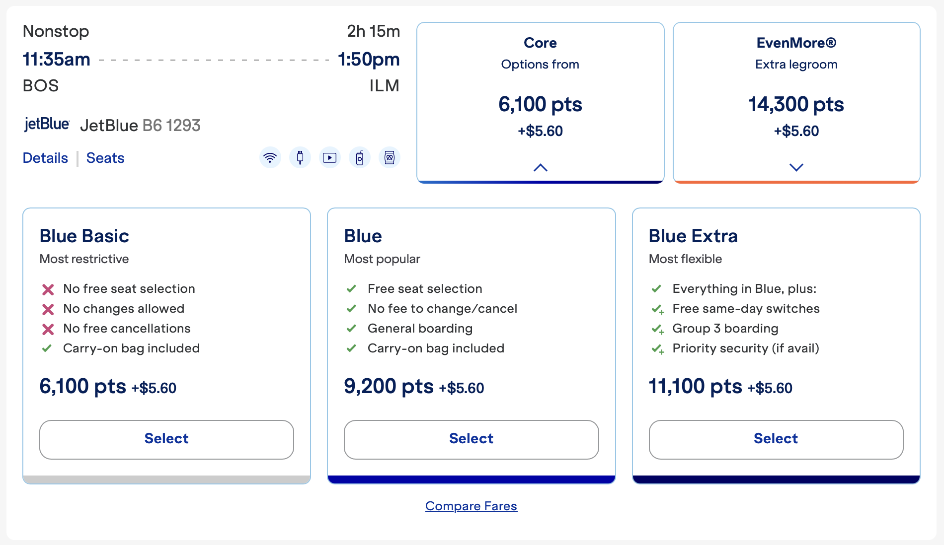 Screenshot of JetBlue redemption from BOS to ILM.