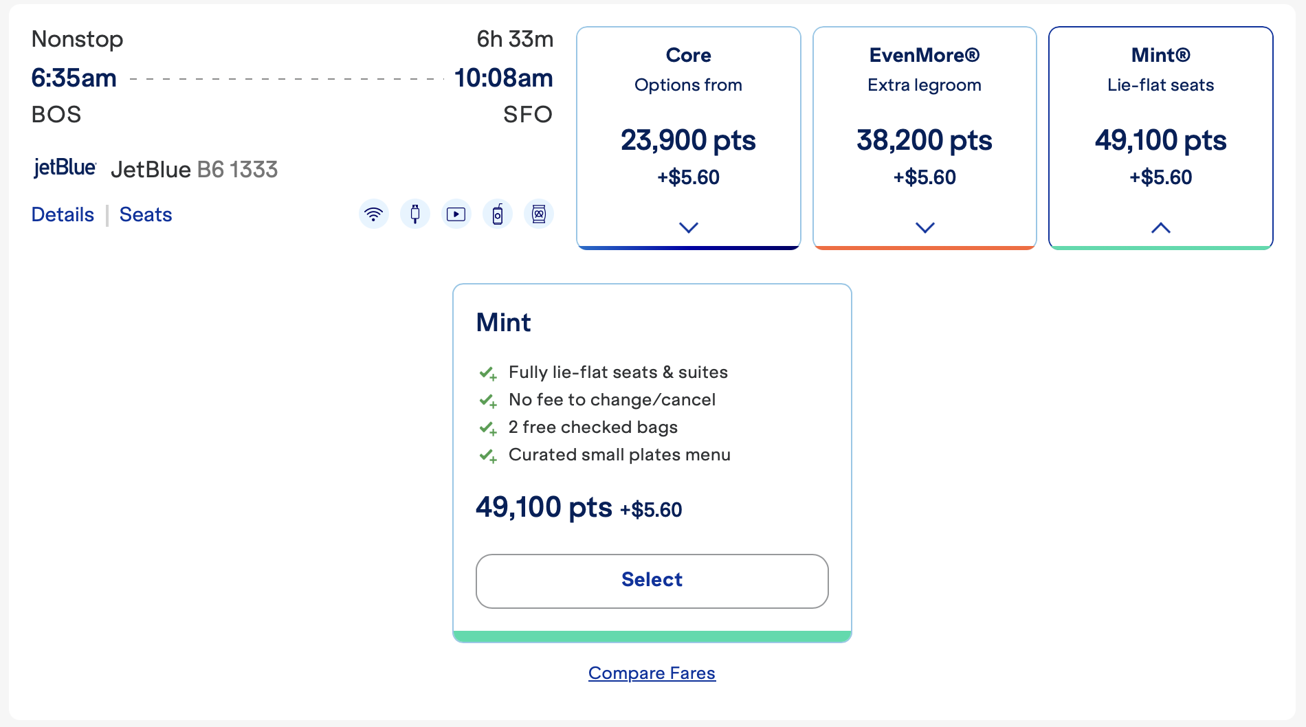 Screenshot of JetBlue redemption from BOS to SFO in Mint.