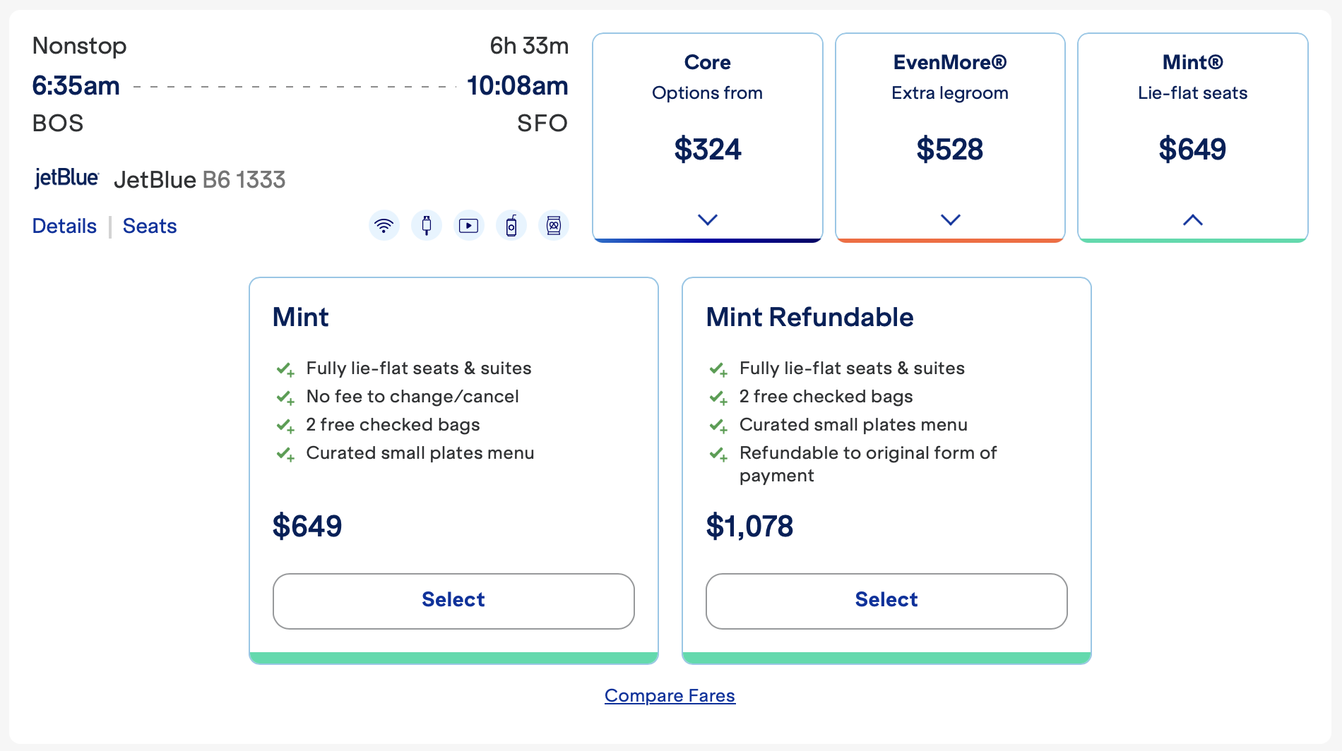 Screenshot of JetBlue fare from BOS to SFO in Mint.