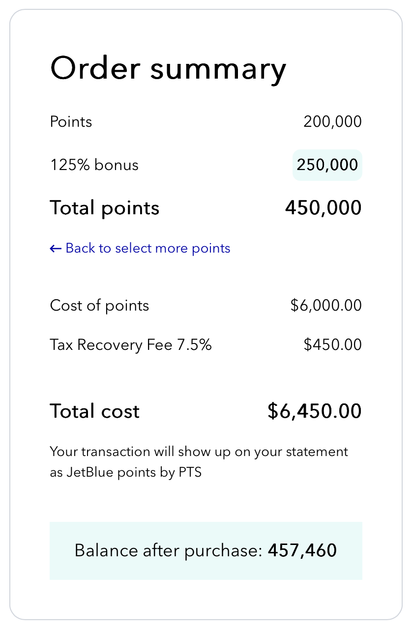 Screenshot of Points.com buy JetBlue points receipt.