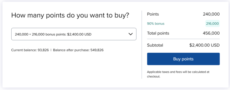 Example purchase of Hilton Honors points with a 90% bonus