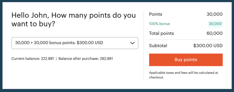 Example purchase of IHG One Rewards points with a 100% bonus during the current promotion