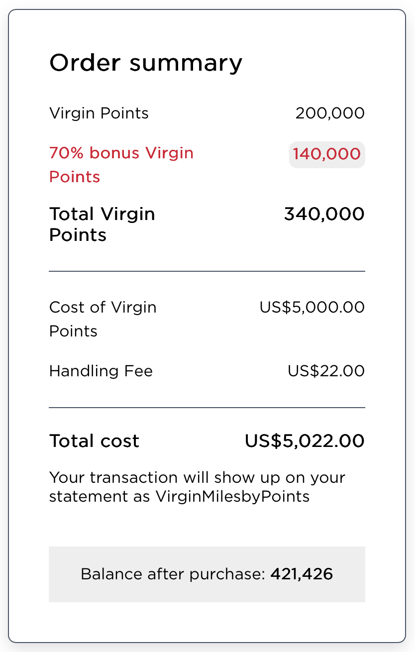 Screenshot of Virgin Red buy points receipt.