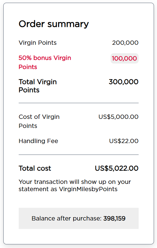 Example purchase of 200,000 Virgin points with a 50% bonus for a total of $3,022