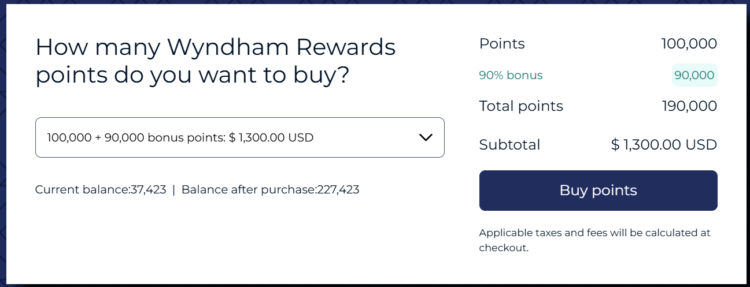 Example purchase of Wyndham Rewards points with a 90% bonus