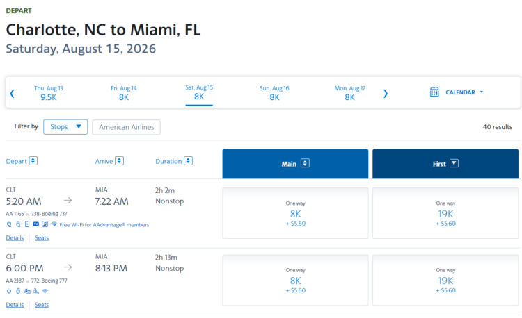 Screenshot showing AAdvantage award search results from Charlotte to Miami in lay-flat first class using AAdvantage miles