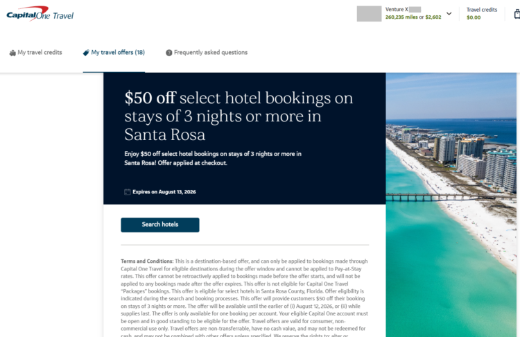 Screenshot of Capital One Travel offer for Santa Rosa