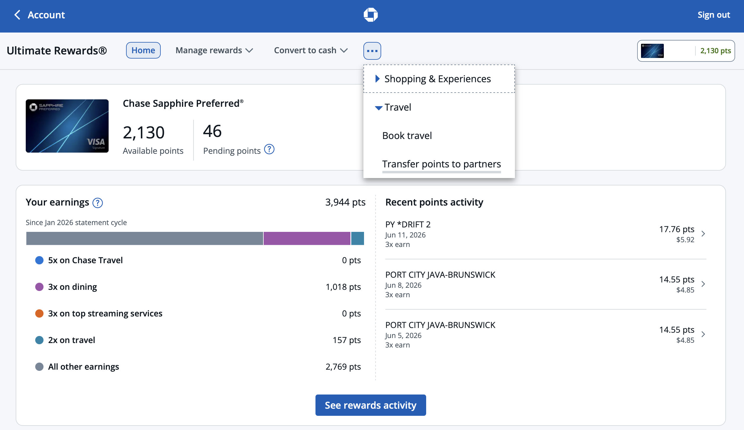 Screenshot of Chase Ultimate Rewards account dashboard.