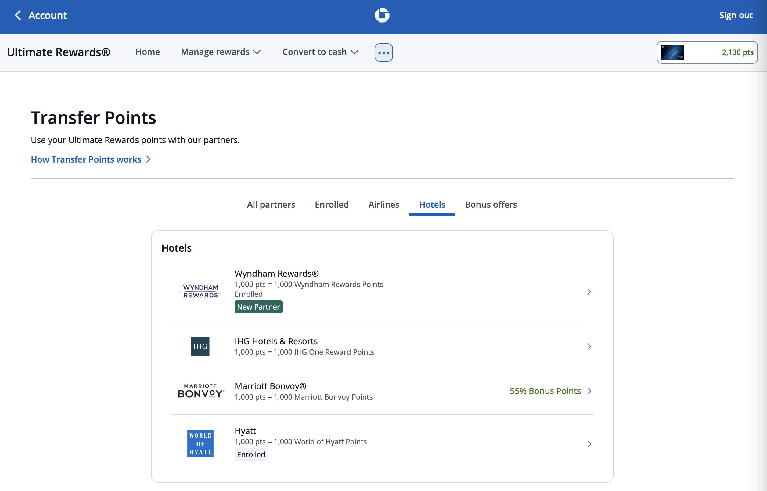 Screenshot of Chase Ultimate Rewards transfer partners.
