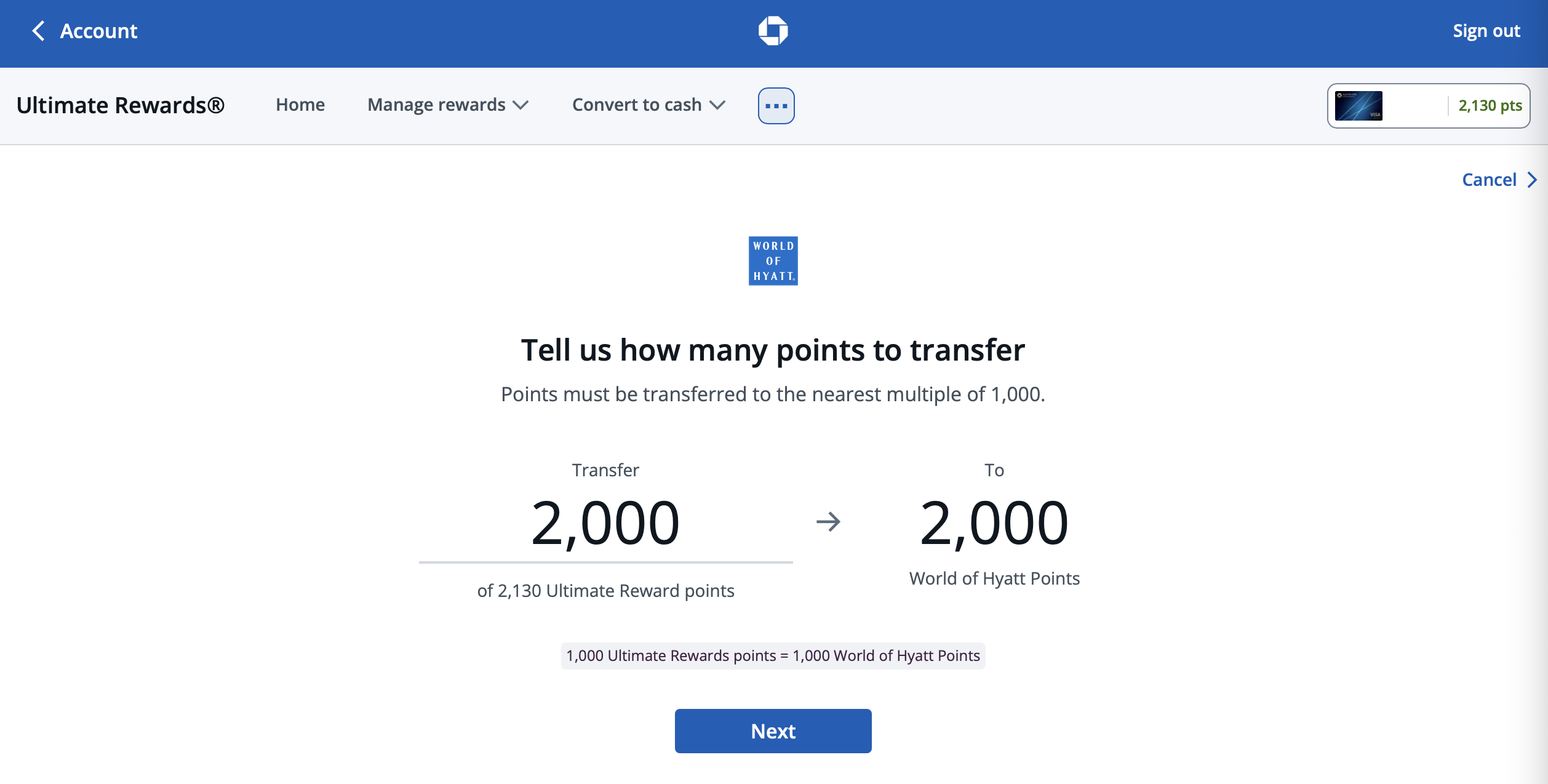 Screenshot of Chase Ultimate Rewards transfer to World of Hyatt.