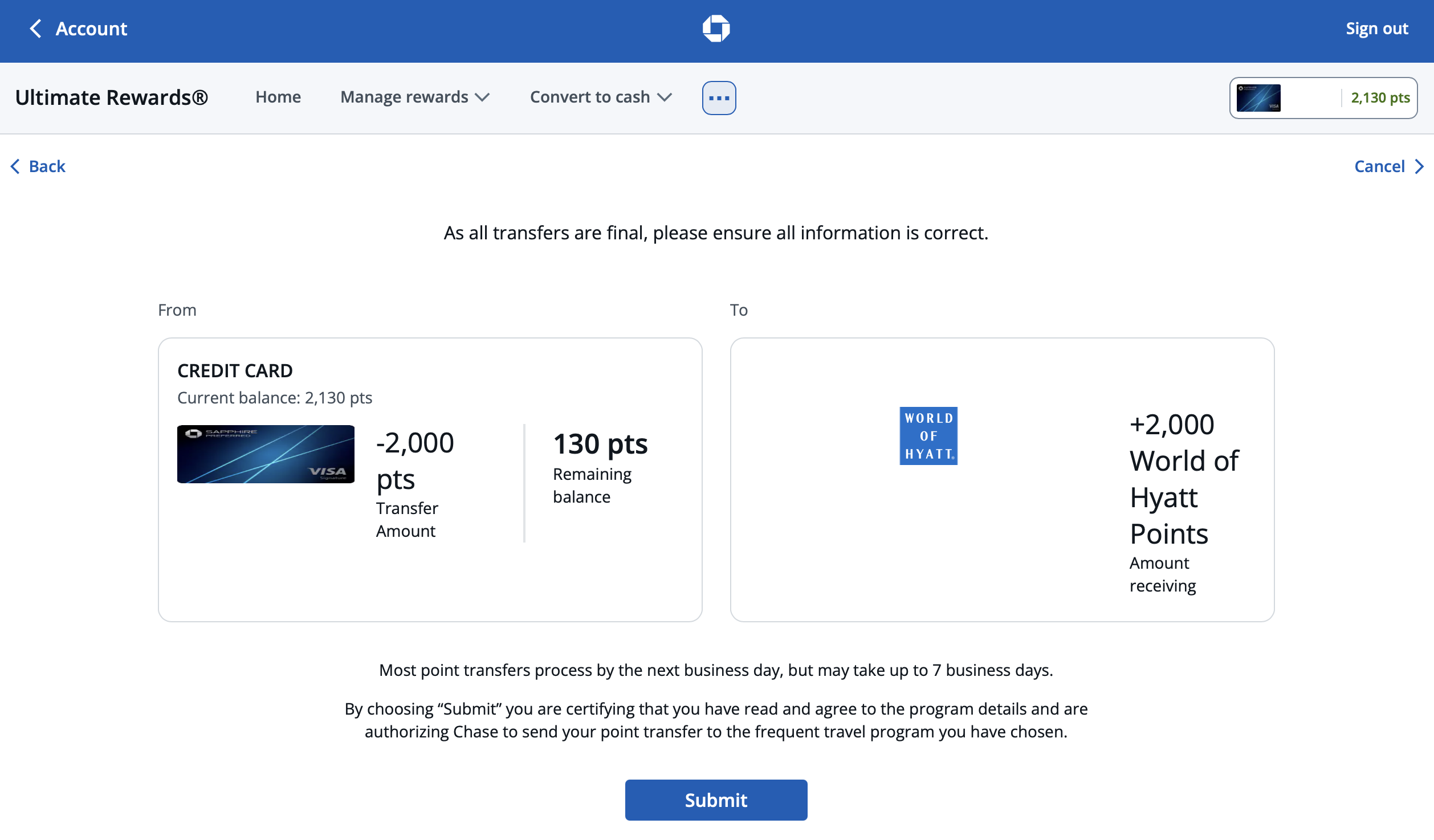 Screenshot of Chase Ultimate Rewards transfer to World of Hyatt.
