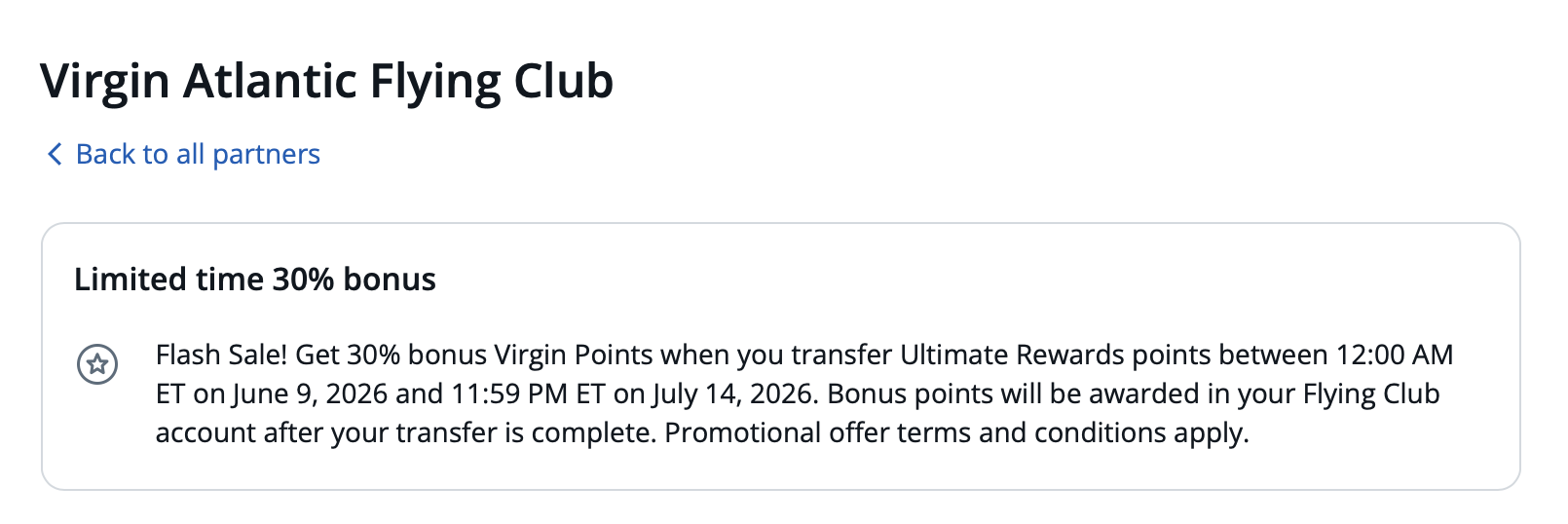 Screenshot of Chase Ultimate Rewards/Virgin Atlantic transfer bonus.