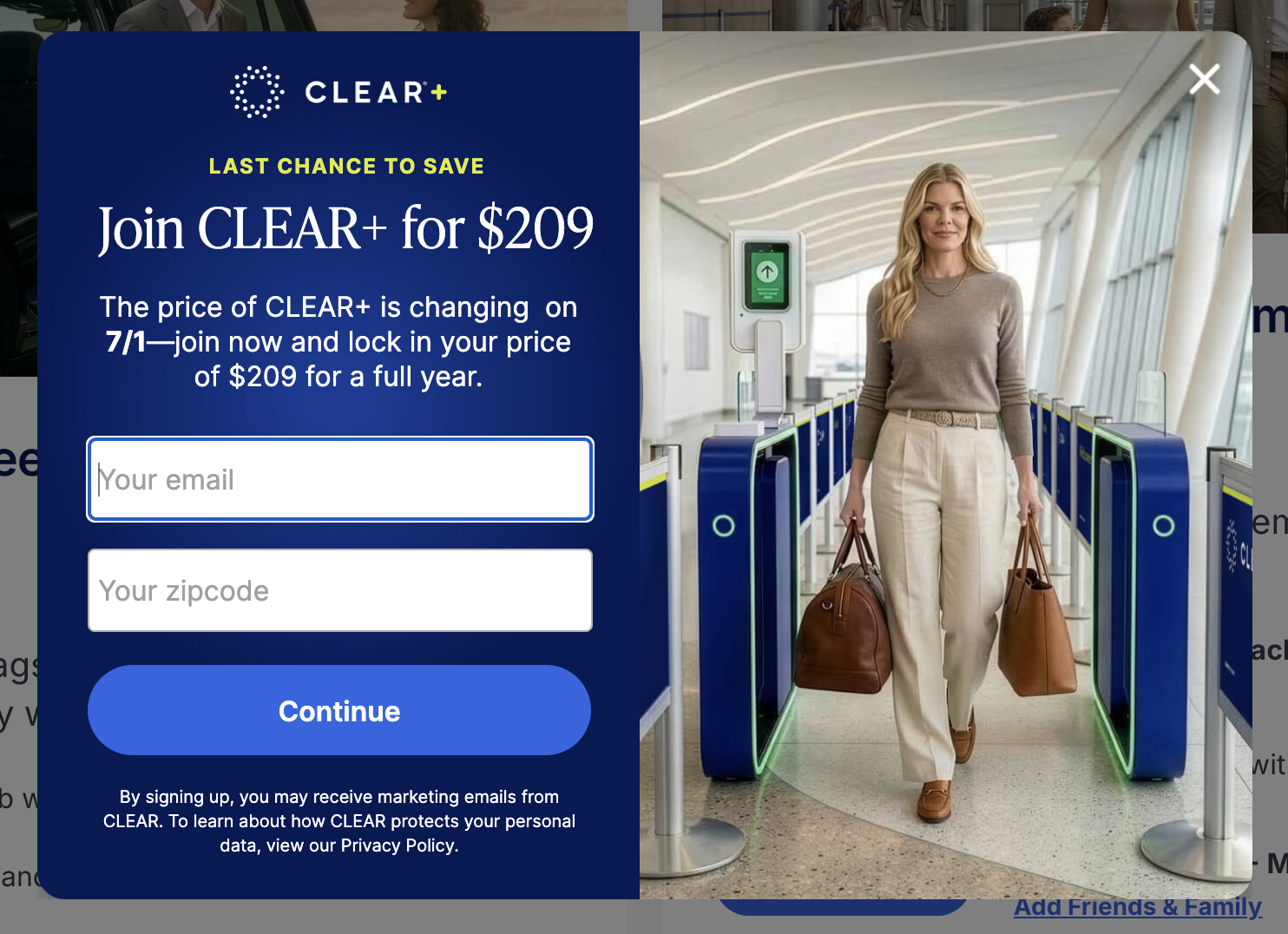Screenshot of CLEAR price increase popup.