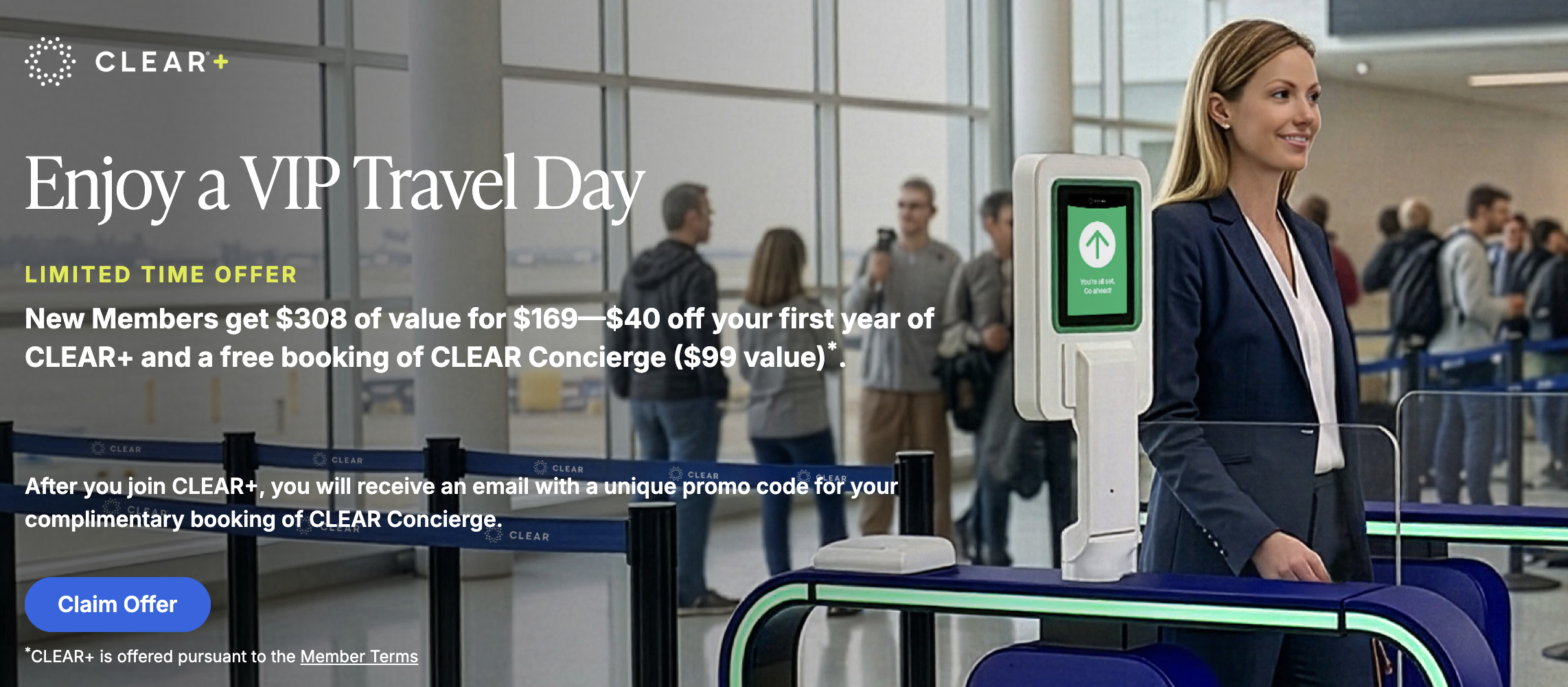 Screenshot of CLEAR promotion banner.