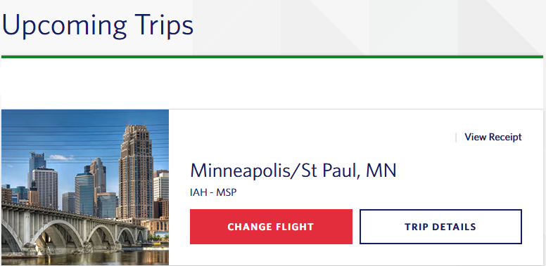 Upcoming Trips section in Delta website under My Trips