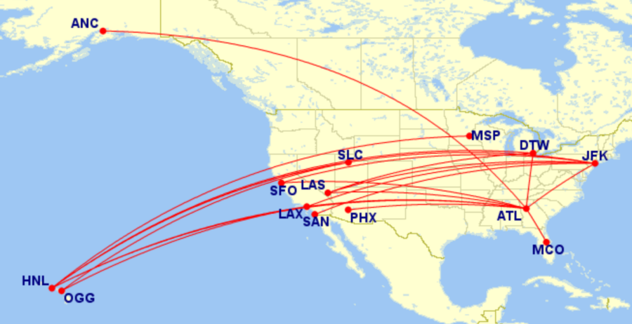 Map of all Delta domestic lay-flat routes for August 2026