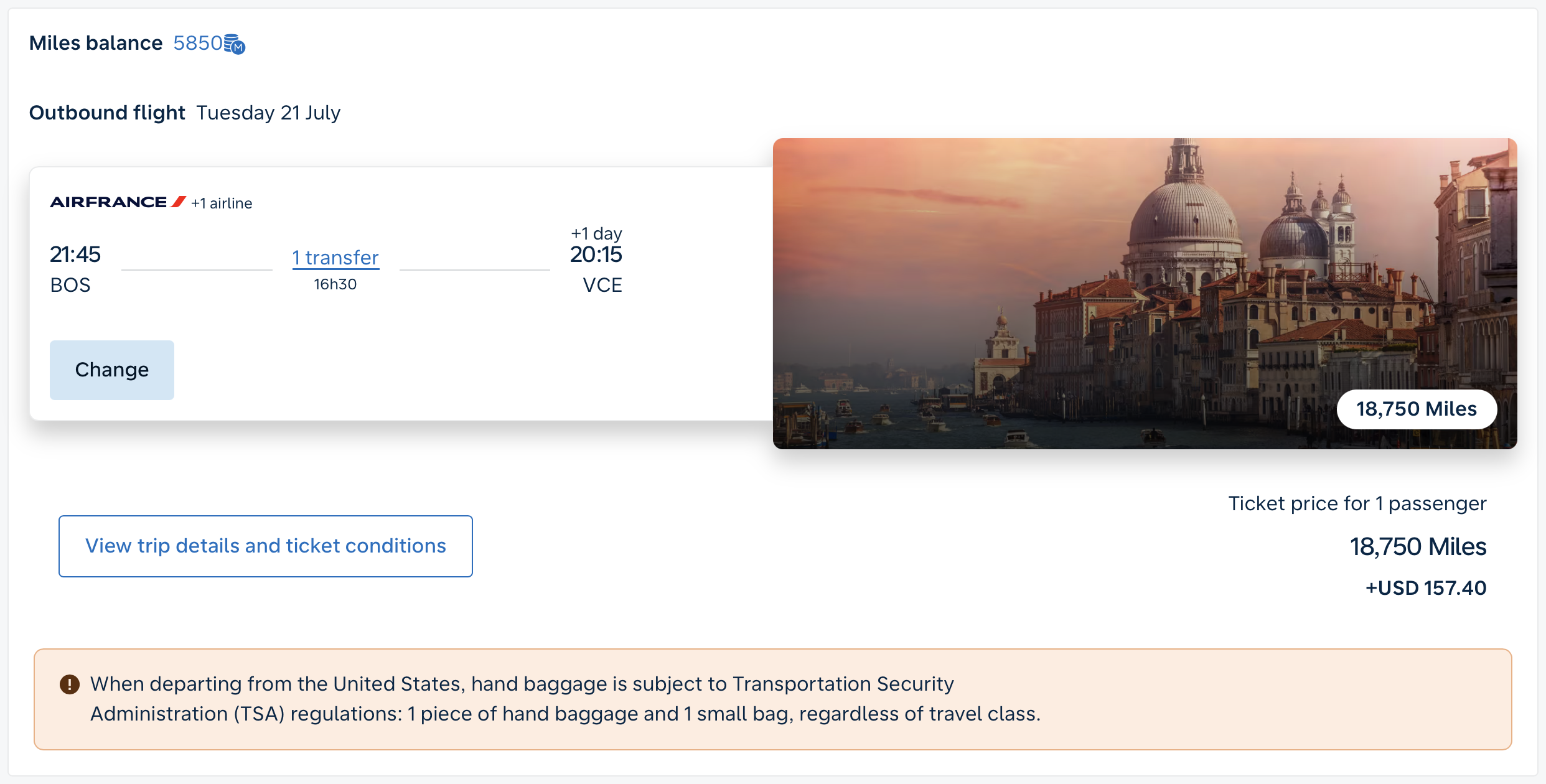 Screenshot of Flying Blue award from BOS to NCE via CDG.