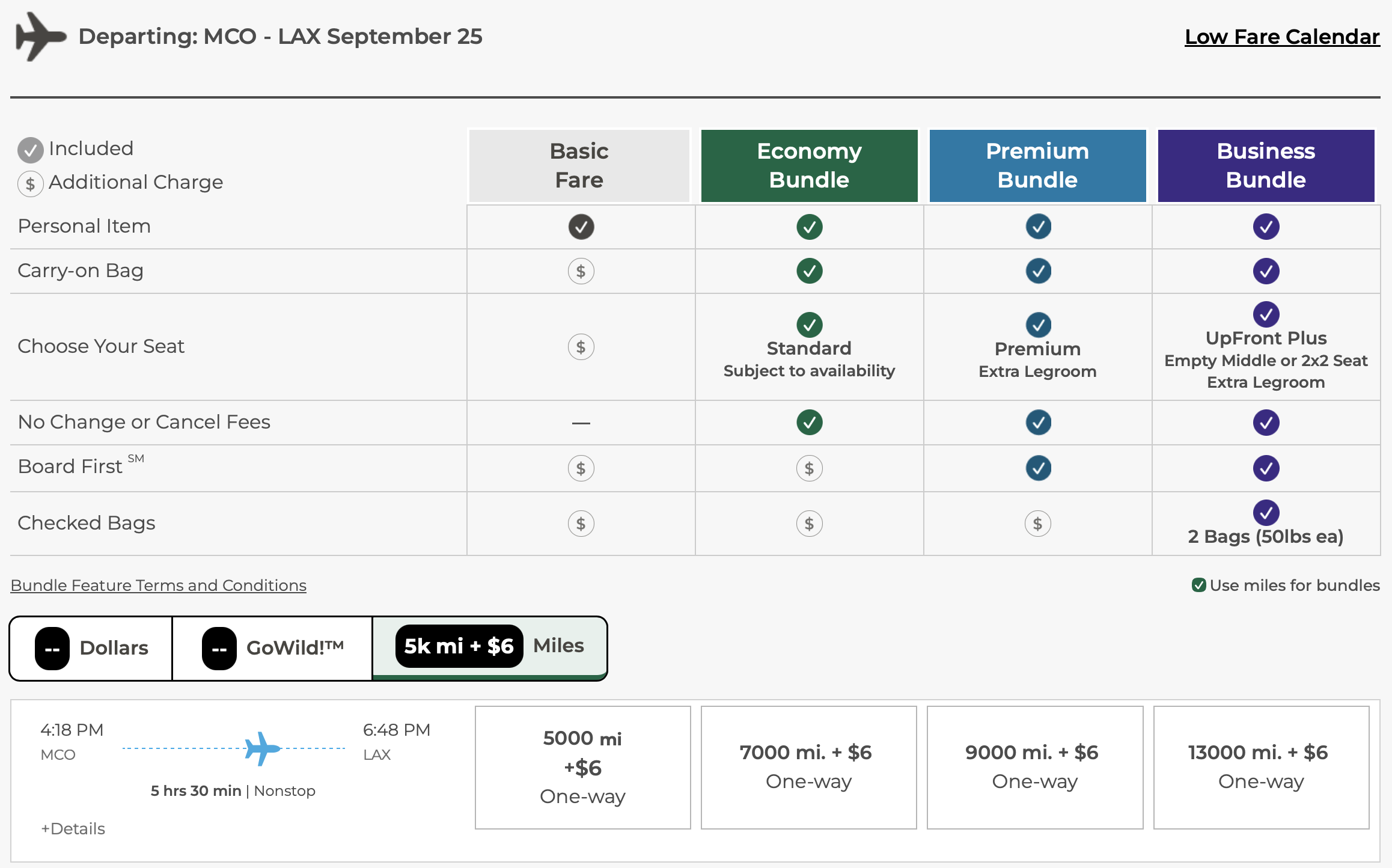 Screenshot of Frontier Airlines fares from MCO to LAX.