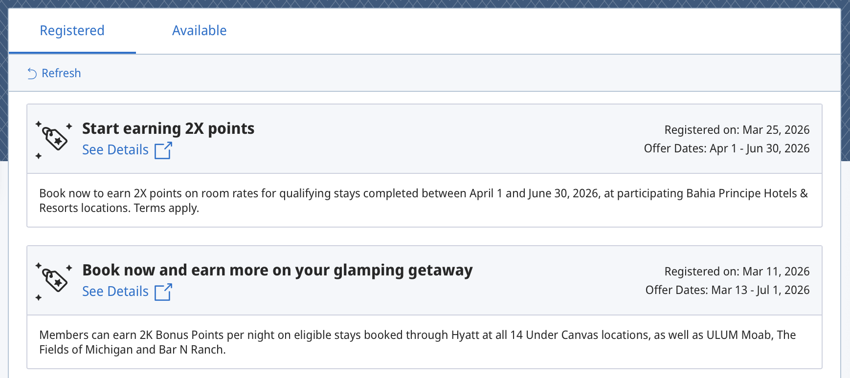 Screenshot of Hyatt promo dashboard.