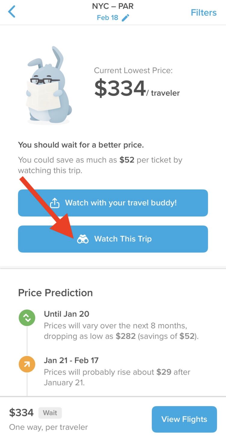 Hopper app saying to wait to book a trip from NYC to CDG, with two blue button options to watch the trip
