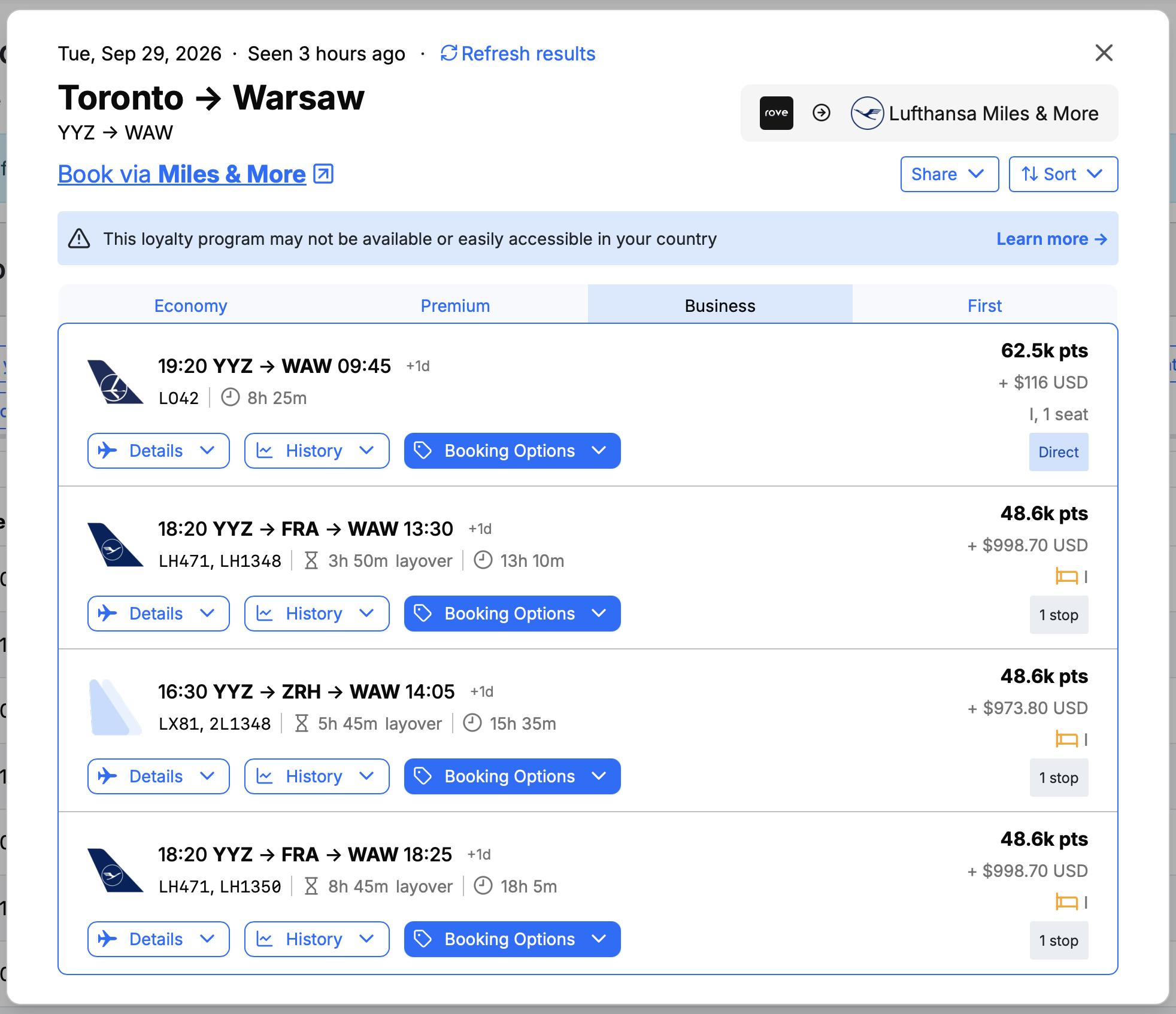 Screenshot of Seats.aero Lufthansa awards.