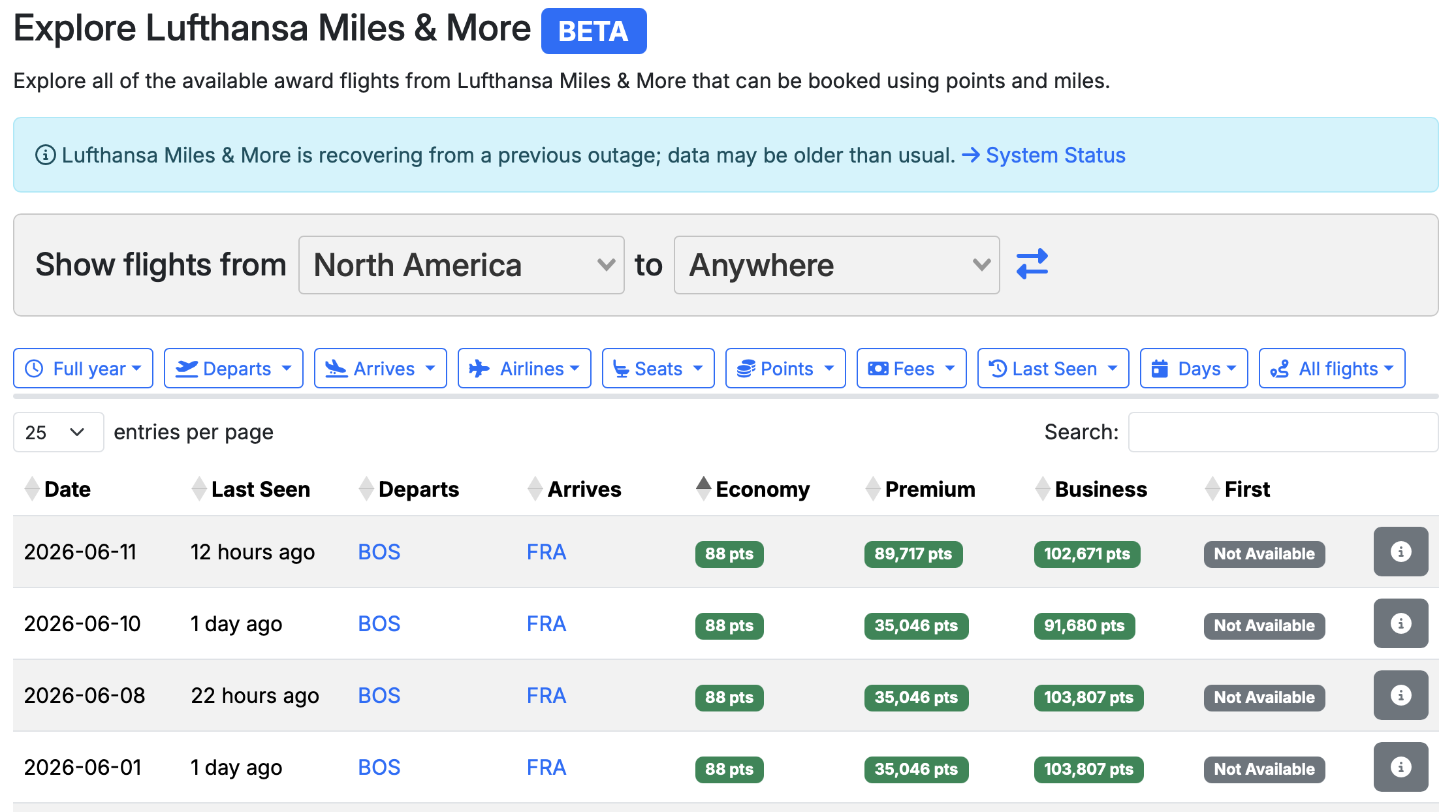 Screenshot of Miles & More awards via Seats.aero
