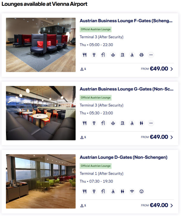 Lounges at Vienna Airport with details