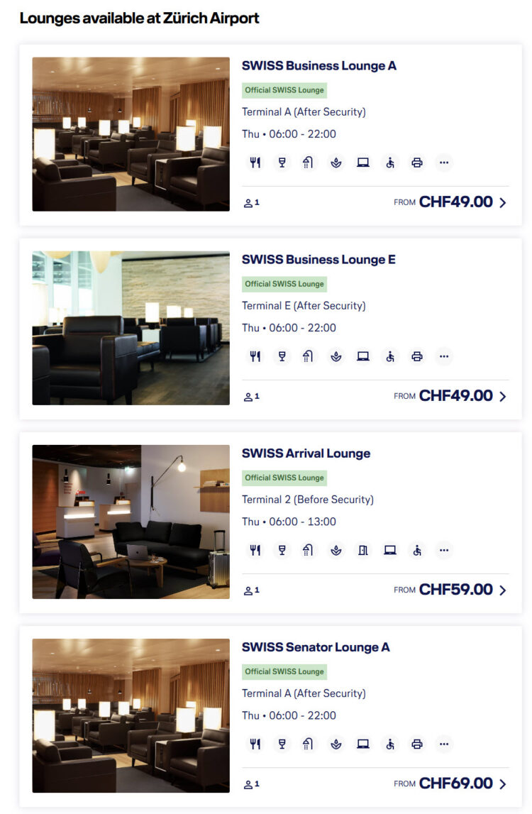 Various airport lounge options at Zurich listed