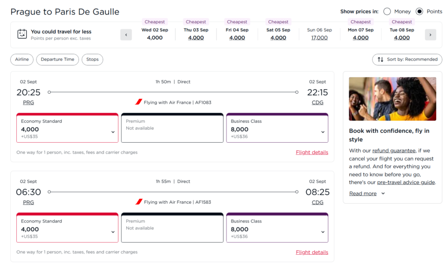 Award flight results from Prague to Paris using Virgin points