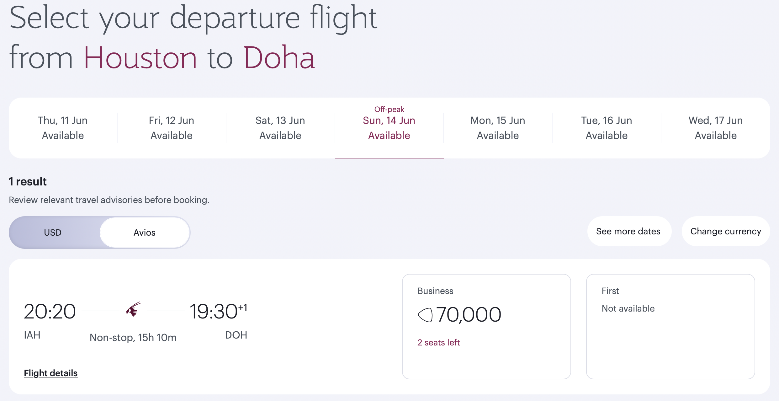 Screenshot of Qatar Airways award from IAH to DOH.
